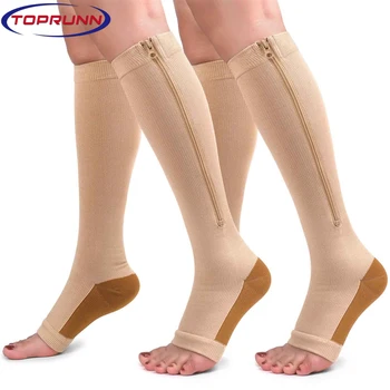 1 Пара компрессионных носков с медной застежкой-молнией длиной 15-20 мм, до колена, поддерживающий чулок с открытым носком, Компрессионный чулок