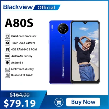 Blackview A80s 4 ГБ + 64 ГБ Смартфон 13 Мп Четырехъядерная Камера 4200 мАч Android 10 Восьмиядерный Face ID 4G Мобильный Телефон с Отпечатками пальцев Телефон