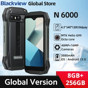 Blackview N6000 Прочный аппарат с 4,3-дюймовым дисплеем Android 13, восьмиядерный процессор Helio G99, камера NFC 8 ГБ 256 ГБ 48 Мп