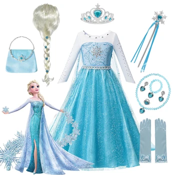 Disney Frozen/Костюм Принцессы, Платье Принцессы для девочек, Синее Сетчатое Бальное платье с кисточками, Карнавальная одежда, Детский Косплей Снежной Королевы Эльзы