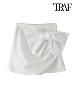 TRAF/ Женские модные плиссированные шорты с бантом, юбки, винтажные женские шорты с высокой талией и молнией сзади