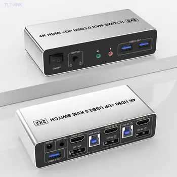 USB 3.0 DisplayPort + HDMI KVM-коммутатор с двумя Мониторами 2 Порта 4K @ 60Hz 2 входа 2 выхода KVM-коммутатор для 2 компьютеров с общим доступом к 2 мониторам