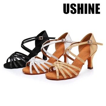 USHINE/ Новые женские профессиональные туфли для латиноамериканских танцев, тканевые атласные туфли для Сальсы, Бальные свадебные туфли для танцев