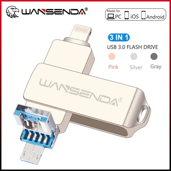 WANSENDA Металлический USB флэш-накопитель Micro USB Pen Drive 128 ГБ 64 ГБ 32 ГБ 16 ГБ Флешка USB-накопитель для iPhone 14 Pro/14/13/12/11/ XS Max
