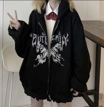 Women's Y2K Retro Dark Gray молния бабочка с капюшон Sweatshirt 90s Harajuku Punk Gothic Zip Up Hoodie Long-sleeved Loose Jacket