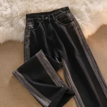 Y2k, Женские Прямые Широкие брюки в Корейском стиле, 2023, Повседневные осенние Джинсы Бойфренда с высокой талией, Черные джинсовые брюки, Женская одежда