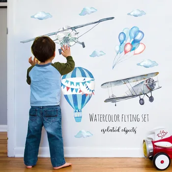 Акварельный Самолет, Наклейка на стену с воздушным шаром, Украшение дома для детских комнат, ПВХ, настенные наклейки, Наклейки для детской, Обои