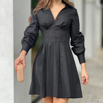 Весеннее женское новое сексуальное однотонное мини-платье 2023, черное элегантное темпераментное платье с оборками на талии, vestidos