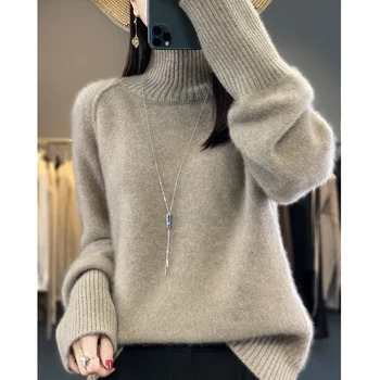 водолазка из 100% чистой шерсти, толстый женский пуловер, свитер 2023, осенне-зимняя новая модная свободная нижняя рубашка.