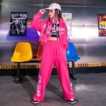 Детская Одежда в стиле хип-хоп, Розовая Короткая куртка на молнии, Повседневные спортивные спортивные штаны для девочек, костюм для джазовых танцев, Комплект одежды
