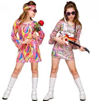 Детские ретро-костюмы хиппи для маленьких девочек, Костюмы для выступлений на дискотеке для девочек, Костюмы для Косплея, Материковый Китай, Костюмы для косплея