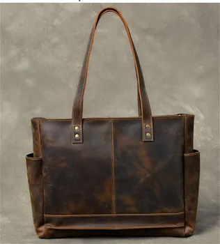 Дизайнерская винтажная мужская и женская сумка-тоут из натуральной кожи большой емкости, повседневная роскошная сумка из воловьей кожи коричневого цвета для покупок через плечо