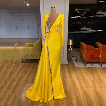 Желтые арабские вечерние платья SoDigne С V-образным вырезом, расшитые бисером и блестками, Длинное Вечернее платье Русалки Со складками, Атласное вечернее платье 2022