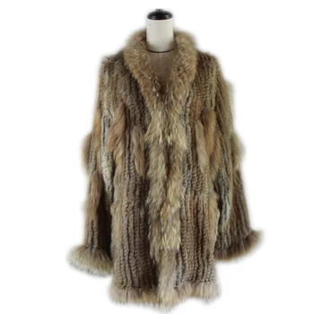 Женская вязаная шуба из натурального кроличьего меха, пальто, куртки, одежда и енотовый воротник с капюшоном, вязаная длинная куртка из енотового меха