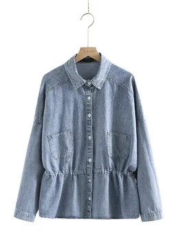 Женская мягкая джинсовая рубашка большого размера с длинным рукавом и воротником-лацканами, Свободные весенне-осенние топы с завязками на талии