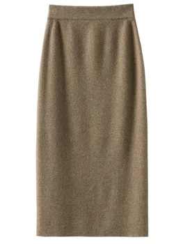 Женская тонкая кашемировая юбка с высокой талией, 100% чистая шерсть, Вязаная, Универсальная, До бедер, Средней длины, Осень, Зима, Новая