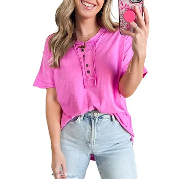Женская футболка, летняя однотонная тонкая футболка, свободный повседневный пуловер с V-образным вырезом