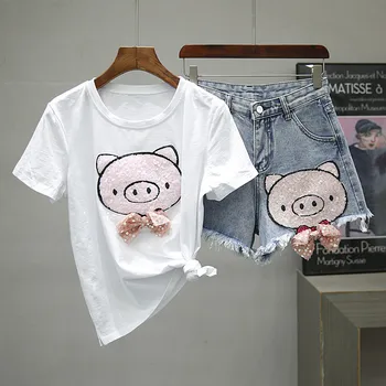 женский летний комплект из 2 предметов, футболка с принтом мультяшной свиньи с коротким рукавом и джинсовые шорты, комплект