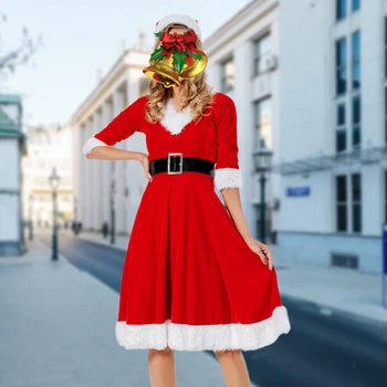 Женский теплый костюм Санта-Клауса в стиле Рождественского фестиваля, однотонный, с поясом, Шляпа с высокой талией, повседневная одежда, Комплект из 3 предметов