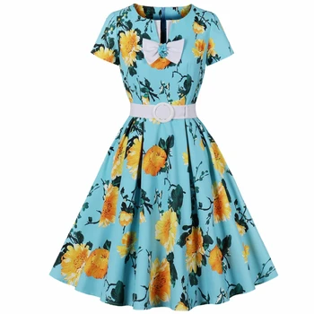 Женское летнее Повседневное вечернее платье с цветочным рисунком 2023, халат в стиле Ретро с коротким рукавом 60-х 50-х годов, Винтажное платье-качели в стиле Рокабилли, Vestidos
