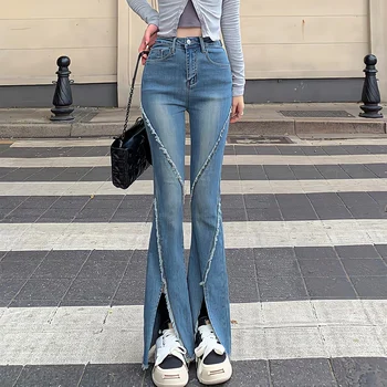 Корейские джинсы Dongdaemun 2023 Y2k с необработанным краем, Расклешенные Джинсы с высокой талией, Женские Элегантные Шикарные ретро-широкие брюки Высокой уличной моды