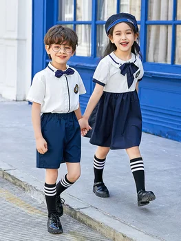 Косплей начальной школы, темно-синяя юбка, Школьная форма, летняя рубашка для Выпускного в стиле Британской Академии, Летнее Платье, форма для детского сада