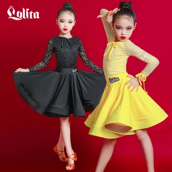 Кружевное платье для латиноамериканских танцев Juvenille Kids junior для тренировок черный желтый DNW027-LXY00042