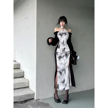 Летнее Улучшенное современное платье Чонсам, Женское Элегантное Черно-белое платье с отстрочкой на одно плечо из бамбука, Qipao Sexy