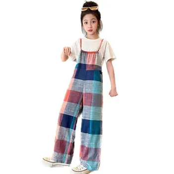 Летние Хлопковые Повседневные комбинезоны в клетку с Подтяжками для корейских девочек, Новая мода, Длинные брюки для девочек-подростков, Детская одежда от 5 до 14 лет