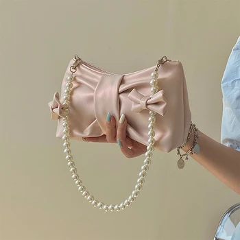Милая сумочка под мышками с жемчужным бантом, Сказочная Женская Маленькая розовая сумка через плечо Из мягкой искусственной кожи, Женский перламутровый клатч, кошелек, сумки