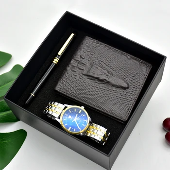 Модные мужские кварцевые часы из нержавеющей стали, подарочный набор для бизнеса с кошельком Learther, наборы ручек для подписи, подарки для мужчин-отцов Boyfirend’