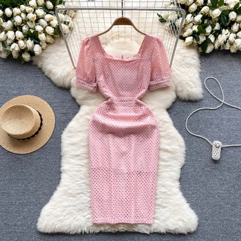 Новое модное кружевное платье с запахом, Женское Летнее Платье с квадратным вырезом и коротким Пышным рукавом, Праздничная Розовая одежда Vestido Feminino L163