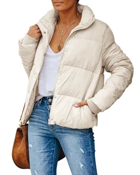 Осенне-зимняя Женская одежда, однотонное пальто с длинным рукавом и воротником-стойкой, Свободная Повседневная парка с карманами на молнии, Хлопковое пальто