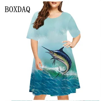 Платье с рисунком рыбалки Для женщин, Одежда 2023, Большие размеры, Женское Свободное платье с коротким рукавом, Летние повседневные платья для вечеринок в пляжном стиле