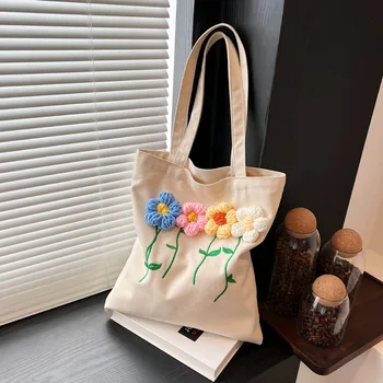 Повседневная холщовая сумка через плечо с цветочным рисунком для женщин -новинка 2023 года, милая и универсальная сумочка для летних покупок