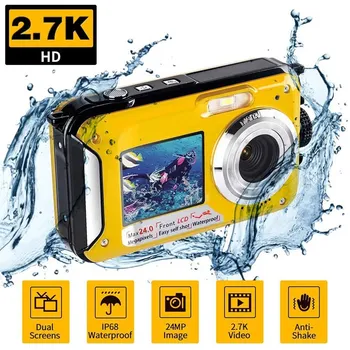 Подводная Цифровая камера с Двойным Экраном, Селфи, Видеомагнитофон, Водонепроницаемая Защита От Встряхивания 1080P FHD 2.4MP, Поддержка TF-карты 32 ГБ, 16-кратный Зум