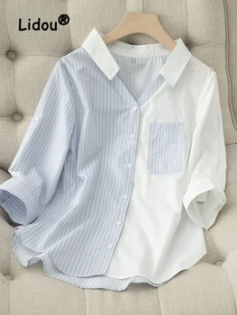 Простой дизайн, однобортная блузка, Женская летняя новинка, рукав 3/4, Удобный карман, Офисный V-образный вырез, женская универсальная повседневная рубашка