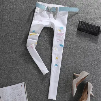 Рваные белые джинсы с дырками, женские стрейчевые обтягивающие джинсы, хлопковые белые джинсы
