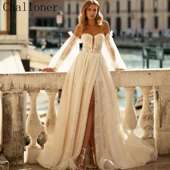 Свадебное платье трапециевидной формы из атласа и кружева Challoner с длинными пышными рукавами, пляжное платье с разрезом сбоку, Vestido de Novia, без спинки, сшитое на заказ