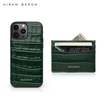 Хирам Берон Персонализированный БЕСПЛАТНЫЙ Зеленый Кожаный Чехол-бумажник для Карт Iphone 15 14 13 12 11 Pro Max с Рельефным Рисунком Крокодиловой кожи