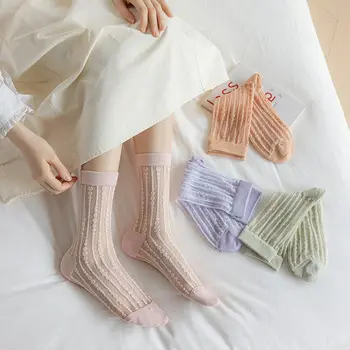 Чулки для женщин, летние носки из ультратонкой дышащей сетчатой пряжи с длинным бочком, яркие носки с точечным рисунком, модные милые чулки