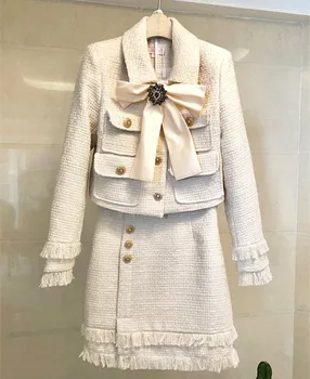 Шикарный женский юбочный костюм 2020, осеннее высококачественное твидовое пальто с бабочкой + элегантные твидовые юбки, комплект из двух предметов C230