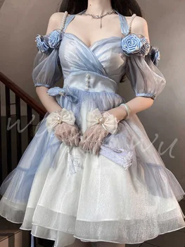 Элегантное платье принцессы в стиле Лолиты с постепенной синей розой, свадебное платье с цветочным рисунком, анимация костюмов для косплея в стиле Лолиты